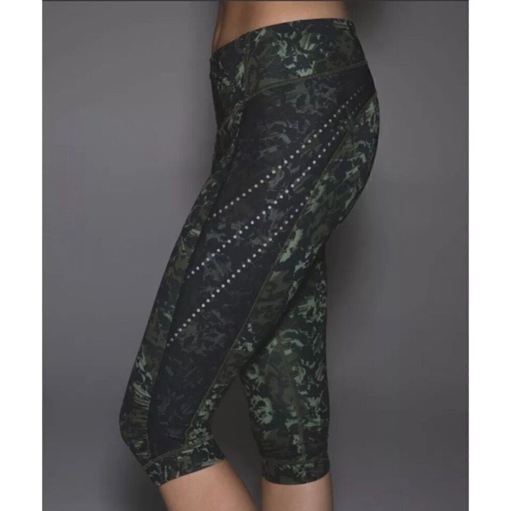Lululemon Stop At Nothing Crop Olive / Green & Black Floral Reflective Mesh Zip